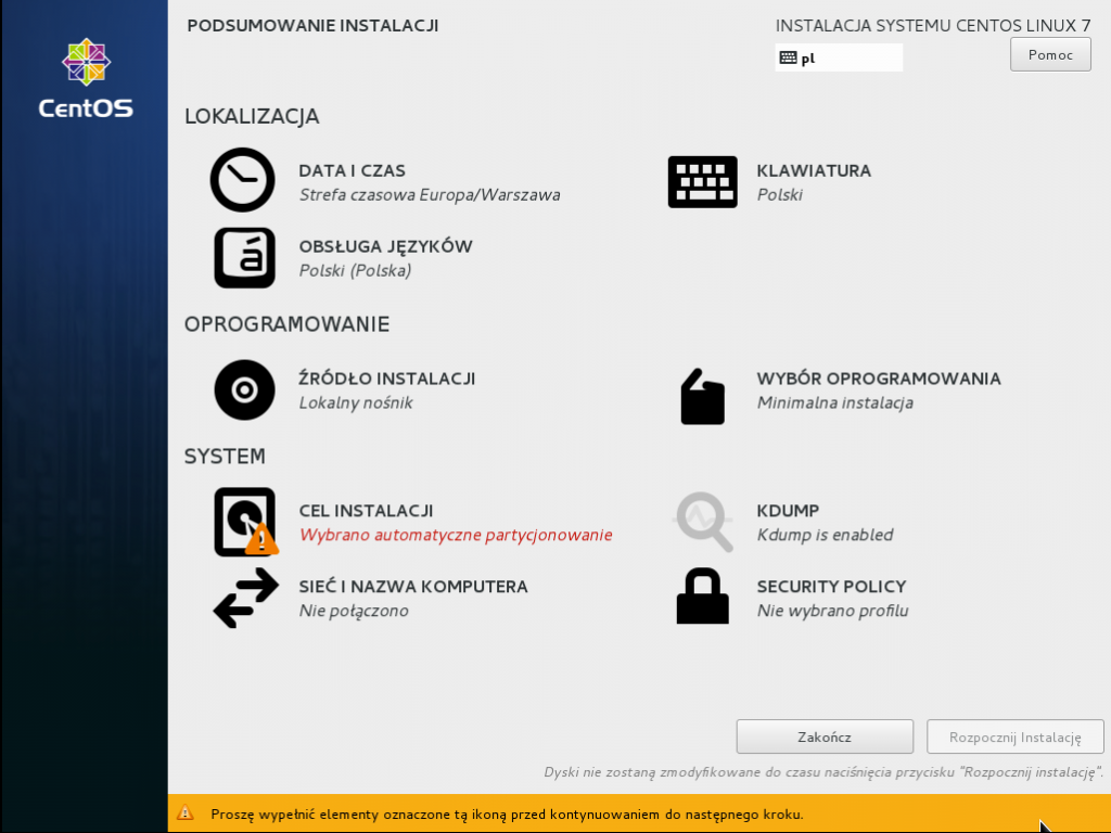 Ekran główny instalatora centos 7
